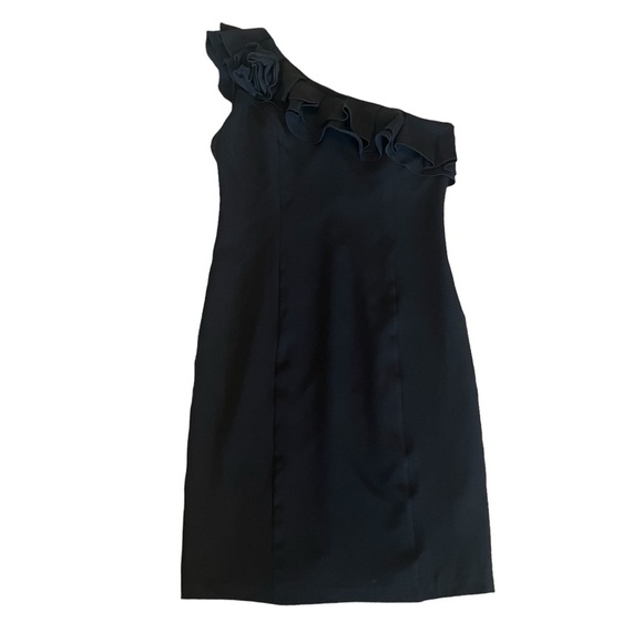 Marina Black One Shoulder Sheath with Rose and Ruffle Trim Size 6 - Picture 1 of 5